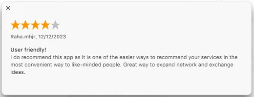 App Store review by Raha.mhjr recommending Intch as a user-friendly way to offer your services to like-minded people, expand your network and exchange ideas.