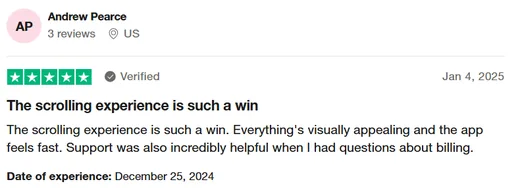 Trustpilot review by Andrew Pearce praising Intch's scrolling experience, visual design and speed, plus helpful support with billing questions.