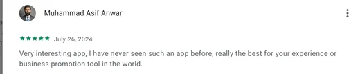 Google Play review by Muhammad Asif Anwar calling Intch a very interesting, one-of-a-kind app and the best tool for promoting your experience or business.