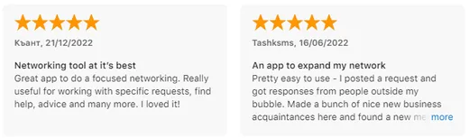 Two five-star App Store reviews calling Intch a focused networking tool; one user posted a request and met new business acquaintances outside their bubble.