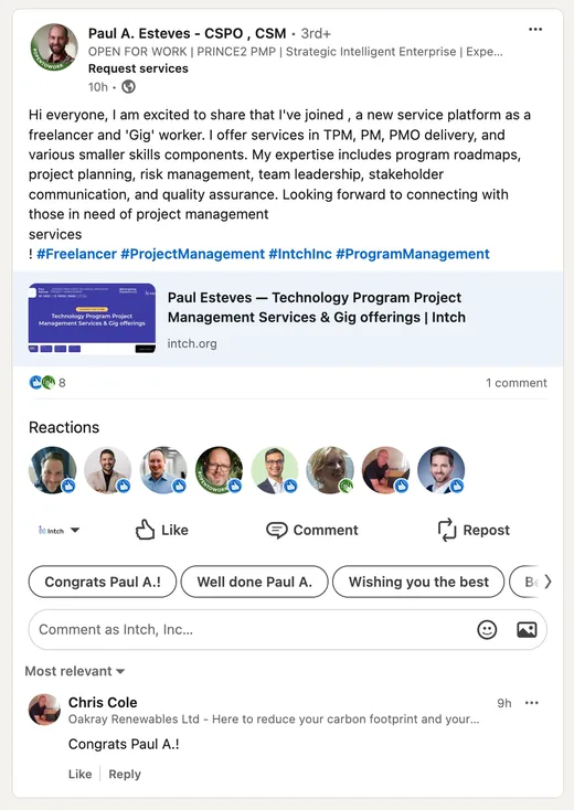 LinkedIn post by Paul A. Esteves announcing he joined Intch as a freelancer offering technology program and project management services, with a link to his Intch service page.