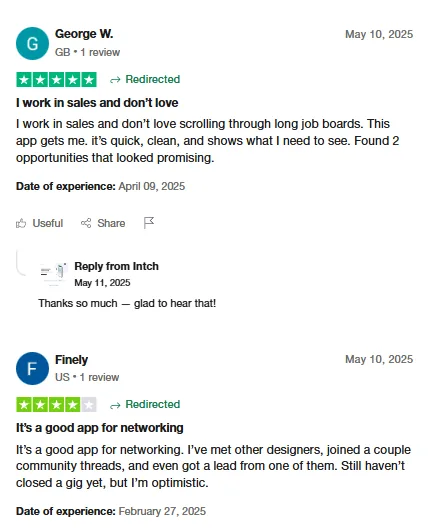 Two Trustpilot reviews: George W. found two promising opportunities in a quick, clean app; Finely met other designers, joined community threads and got a lead.