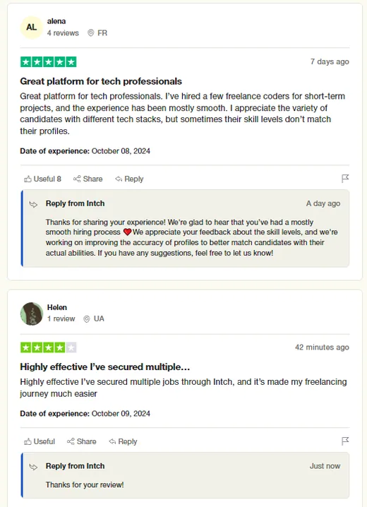 Trustpilot reviews by alena, who hired several freelance coders through Intch for short-term projects, and Helen, who secured multiple freelance jobs through Intch.