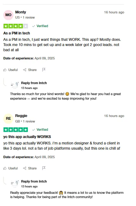 Two Trustpilot reviews: Monty, a PM in tech, got 2 good leads a week after a 10-minute setup; Reggie, a motion designer, found a client on Intch in about 3 days.