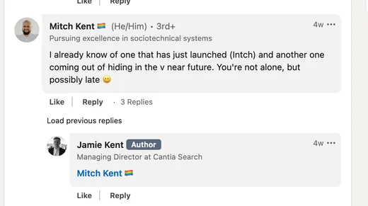 LinkedIn comment by Mitch Kent mentioning Intch as a newly launched platform in the space being discussed.