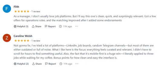 Two Product Hunt reviews: Flith got several operations job offers on Intch, and Caroline Welsh praises its curated, relevant jobs and mobile-first design.