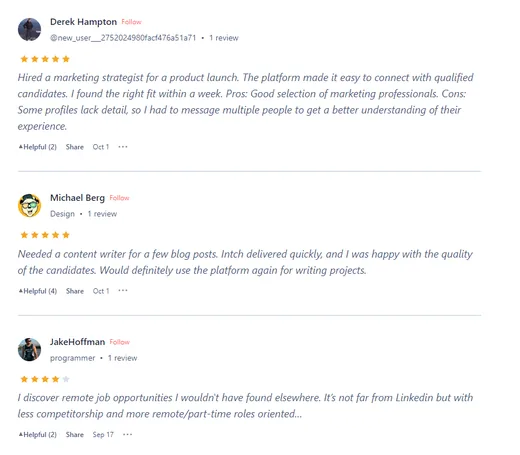 Online reviews by Derek Hampton and Michael Berg, who hired a marketing strategist and a content writer via Intch, and JakeHoffman, who found remote jobs.