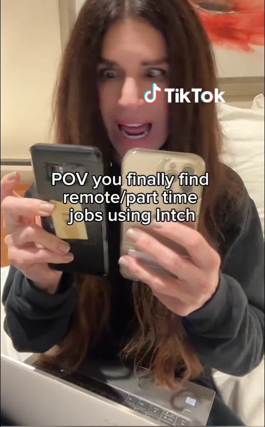 TikTok video with the caption about finally finding remote and part-time jobs using Intch.