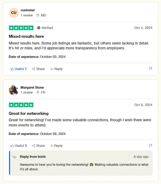 Trustpilot reviews by a customer who found job listings hit or miss and by Margaret Stone who made valuable connections on Intch.