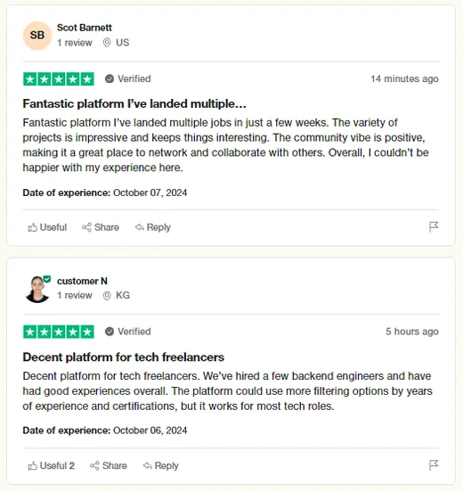Two five-star Trustpilot reviews: Scot Barnett landed multiple jobs within weeks on Intch, and another user hired several backend engineers there.