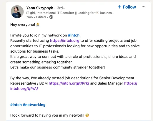 LinkedIn post by IT recruiter Yana Skrypnyk inviting people to her Intch network, where she offers projects and jobs to IT professionals and has posted sales openings.