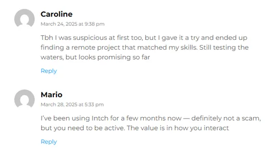 Blog comments by Caroline and Mario: one found a remote project matching her skills, the other says Intch is not a scam but rewards active users.