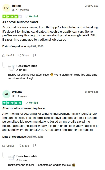 Two Trustpilot reviews: Robert, a small business owner, uses Intch to find candidates and network; William found a marketing role through the app.