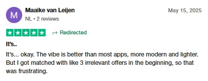 Trustpilot review by Maaike van Leijen calling Intch okay, more modern and lighter than most apps, but frustrated by a few irrelevant matches at first.