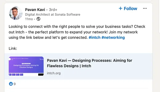 LinkedIn post by Pavan Kavi, Digital Architect at Sonata Software, calling Intch the perfect platform to expand your network.