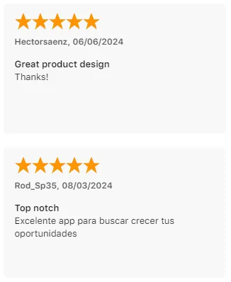 App Store reviews: Hectorsaenz praises the great product design, and Rod_Sp35 writes in Spanish that Intch is an excellent app for growing your opportunities.