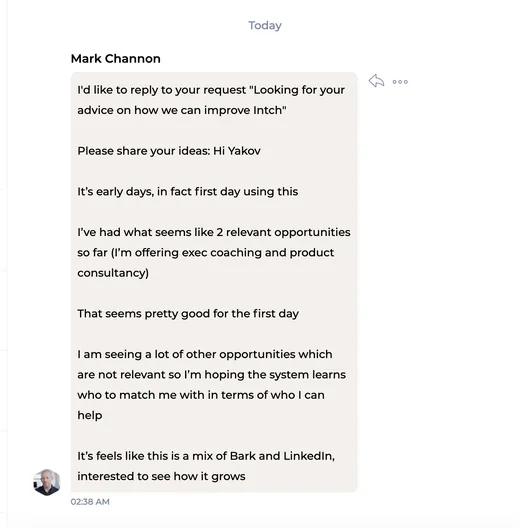 Chat message from Mark Channon, an exec coach and product consultant, who got 2 relevant opportunities on his first day on Intch.