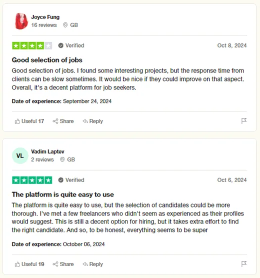 Two Trustpilot reviews: Joyce Fung found interesting projects on Intch but notes slow client replies; Vadim Laptev finds it easy to use for hiring but wants better candidate vetting.
