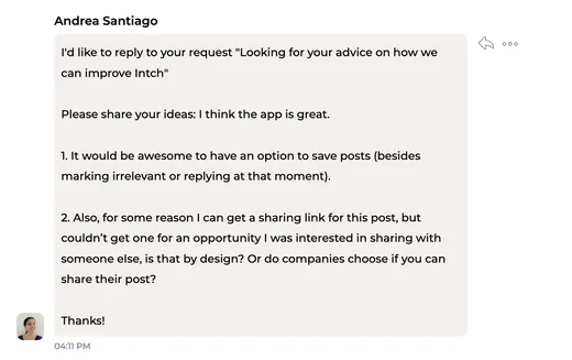 Chat message from Andrea Santiago saying the Intch app is great and suggesting a way to save posts and to share links to opportunities.