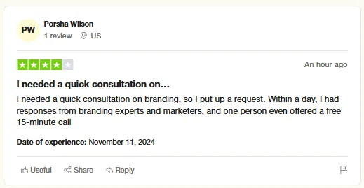 Trustpilot review by Porsha Wilson who posted a request for branding advice on Intch and got responses from experts within a day.