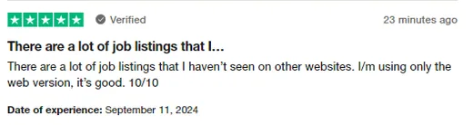 Trustpilot review praising Intch for many job listings not found on other websites and rating the web version 10/10.