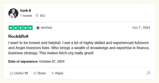 Trustpilot review by Garik B praising the many highly skilled advisors and angel investors on Intch who bring expertise in finance and business strategy.