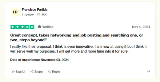 Five-star Trustpilot review by Francisco Partida from Mexico calling Intch an innovative concept that takes networking and job search a step beyond.