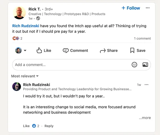 LinkedIn post by Rick T. asking whether Intch is useful, and a reply from Rich Rudzinski calling it an interesting, networking-focused change to social media.