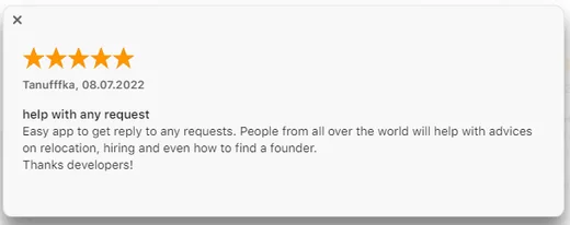 App Store review by Tanufffka calling Intch an easy way to get replies to any request, with people from all over the world helping with relocation, hiring and finding a founder.