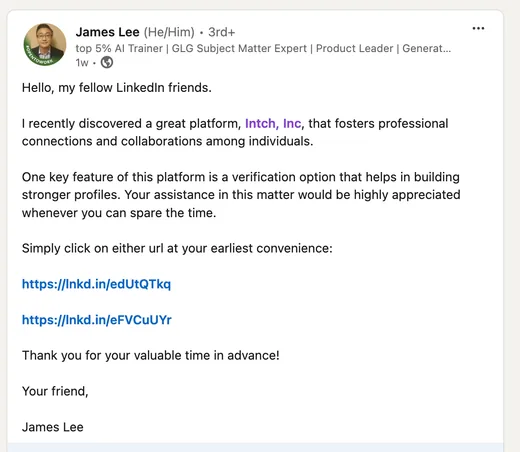 LinkedIn post by James Lee calling Intch a great platform for professional connections and asking friends to help verify his Intch profile.