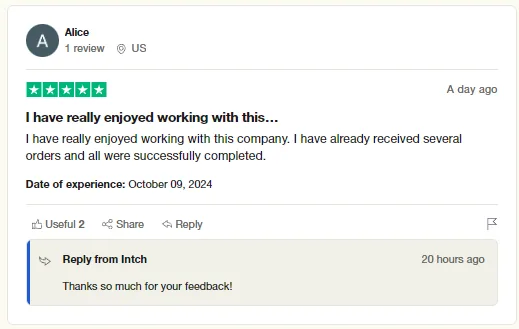 Trustpilot review by Alice saying she has enjoyed working with Intch and has already received several orders, all successfully completed.