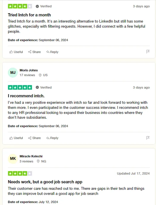 Three Trustpilot reviews: one calls Intch an interesting LinkedIn alternative with some glitches; Moris Johns recommends it to HR professionals; Miracle Kelechi calls it a good job search app.