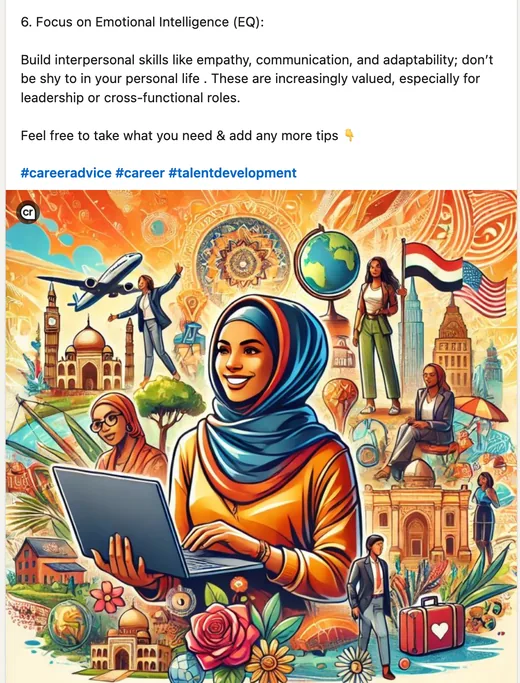 End of a LinkedIn career-tips post by Fadila A Abdulrazaq on building emotional intelligence, with an illustration of a woman working remotely.