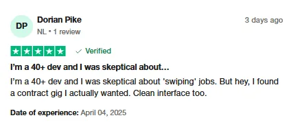 Five-star Trustpilot review by Dorian Pike, a 40+ developer who was skeptical about swiping for jobs but found a contract gig he wanted on Intch.