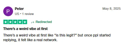 Five-star Trustpilot review by Peter saying Intch felt odd at first but became a real network once people started replying.