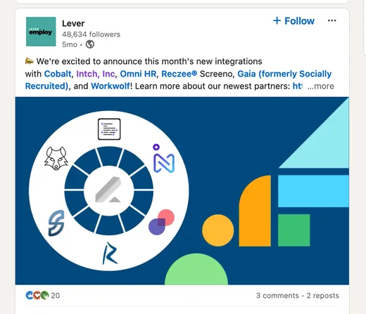 LinkedIn post by Lever announcing this month's new integration partners, including Intch, Inc alongside Cobalt, Omni HR, Reczee, Screeno, Gaia and Workwolf.