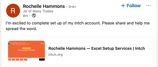 LinkedIn post by Rochelle Hammons announcing she finished setting up her Intch account and sharing her profile pitch.