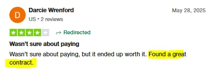 Four-star Trustpilot review by Darcie Wrenford saying paying for Intch was worth it because she found a great contract.