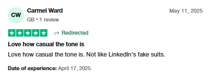 Five-star Trustpilot review by Carmel Ward praising Intch's casual tone compared to LinkedIn.