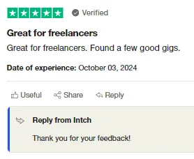 Trustpilot review calling Intch great for freelancers; the reviewer found a few good gigs.