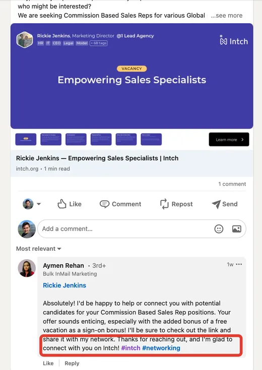 LinkedIn comment by Aymen Rehan on an Intch vacancy post, offering to connect candidates and saying she is glad to connect on Intch.
