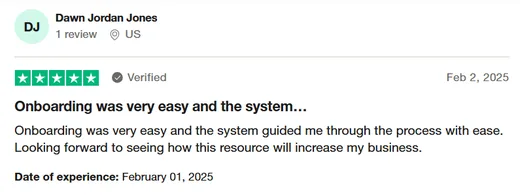 Trustpilot review by Dawn Jordan Jones saying Intch onboarding was very easy and guided her through the process.