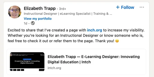 LinkedIn post by Elizabeth Trapp sharing the Intch page she created to increase her visibility as an Instructional Designer looking for work.