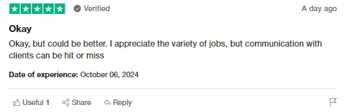 Five-star Trustpilot review appreciating the variety of jobs on Intch, while noting communication with clients can be hit or miss.