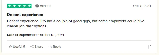 Trustpilot review describing a decent experience on Intch: the reviewer found a couple of good gigs, though some job descriptions could be clearer.
