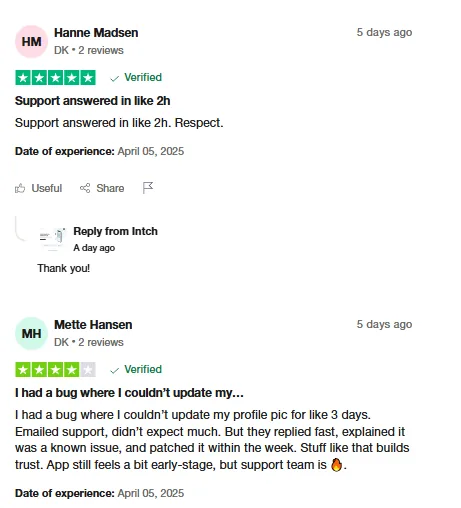 Two Trustpilot reviews praising Intch support: Hanne Madsen got an answer in about two hours, and Mette Hansen had a profile photo bug explained and patched within a week.