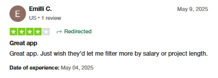Four-star Trustpilot review by Emilli C. calling Intch a great app and asking for more filters by salary or project length.