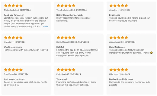 App Store reviews from nine users praising Intch for professional networking, quick replies from experts, its requests feature, consultations, finding a team candidate, and finding investors or mentors.