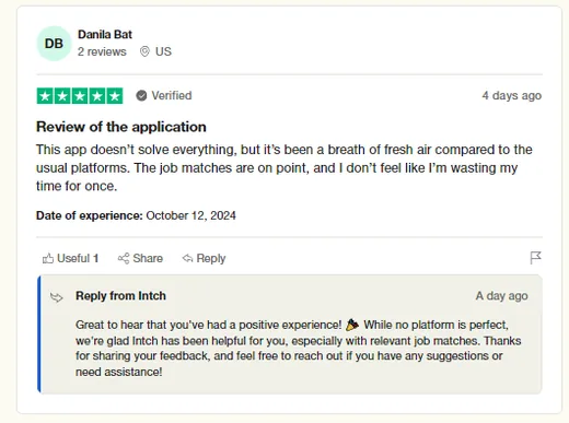 Trustpilot review by Danila Bat calling Intch a breath of fresh air compared to the usual platforms, with job matches that are on point.