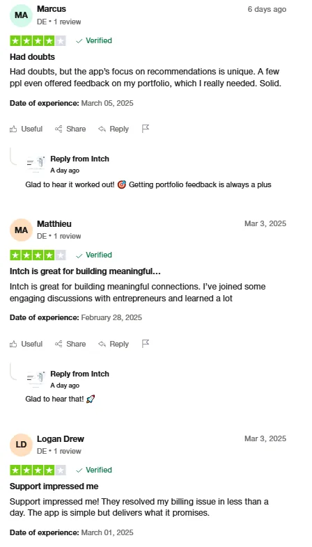 Trustpilot reviews by Marcus, Matthieu and Logan Drew on portfolio feedback from other users, meaningful connections with entrepreneurs and fast billing support.